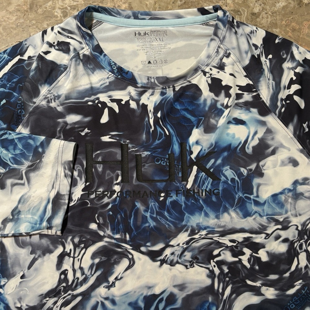 Huk Fishing Shirt Mens 2XL Blue Mossy Oak Hydro Camo Long Sleeve UPF